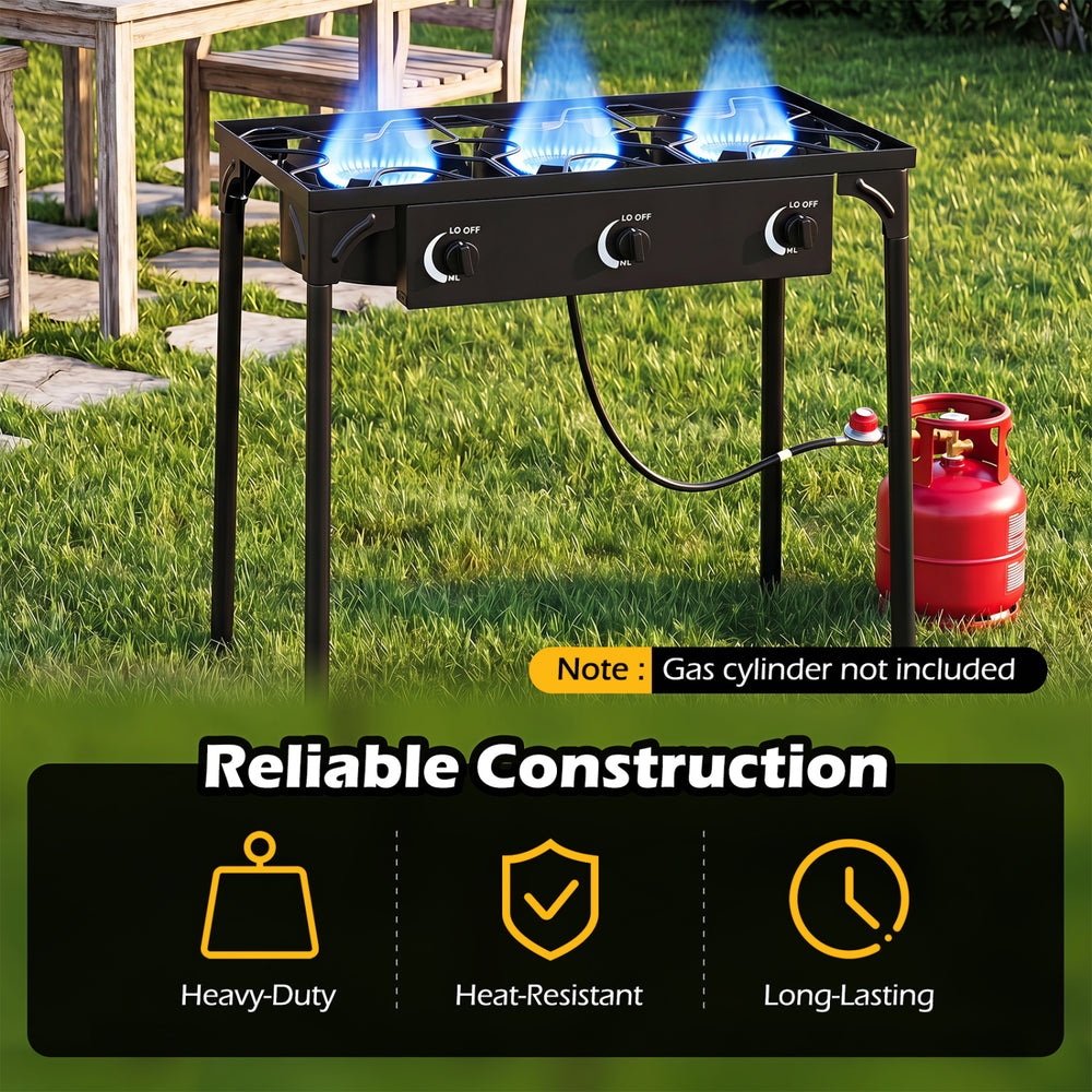 Three-burner propane stove with adjustable regulator, designed for camping BBQ, featuring durable construction and high heat output.