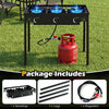 Three-burner propane stove with adjustable regulator and hose, designed for outdoor cooking and camping activities.