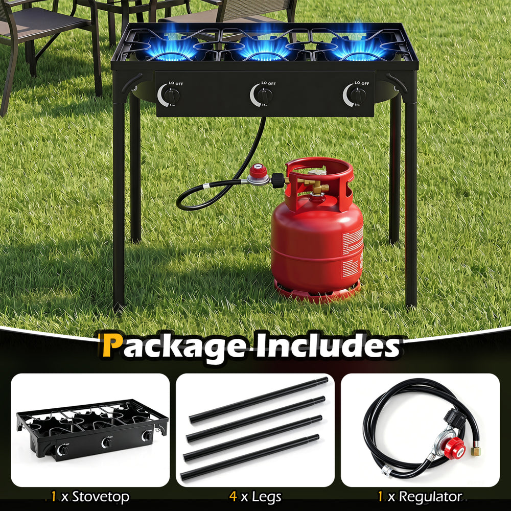 Three-burner propane stove with adjustable regulator and hose, designed for outdoor cooking and camping activities.
