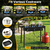 Three-burner propane stove with adjustable regulator, perfect for camping BBQ and cooking various delicious meals outdoors.