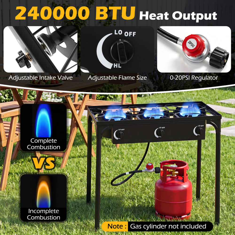 Three-burner propane stove with 240,000 BTU output, adjustable regulator, and hose for outdoor cooking and camping.
