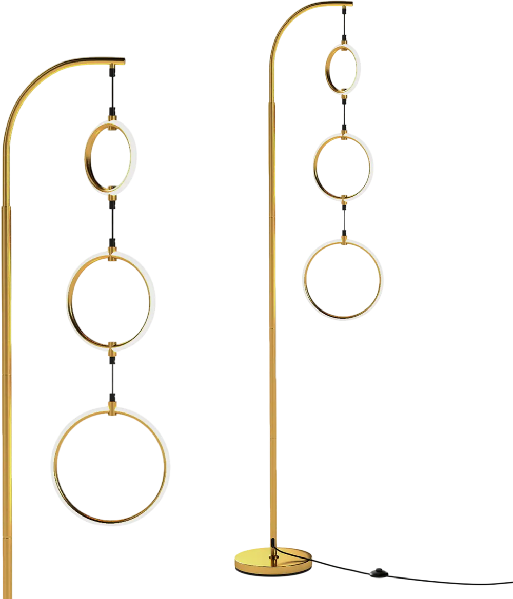 Dimmable LED floor lamp with three circular rings in gold, featuring adjustable brightness and color temperatures for.
