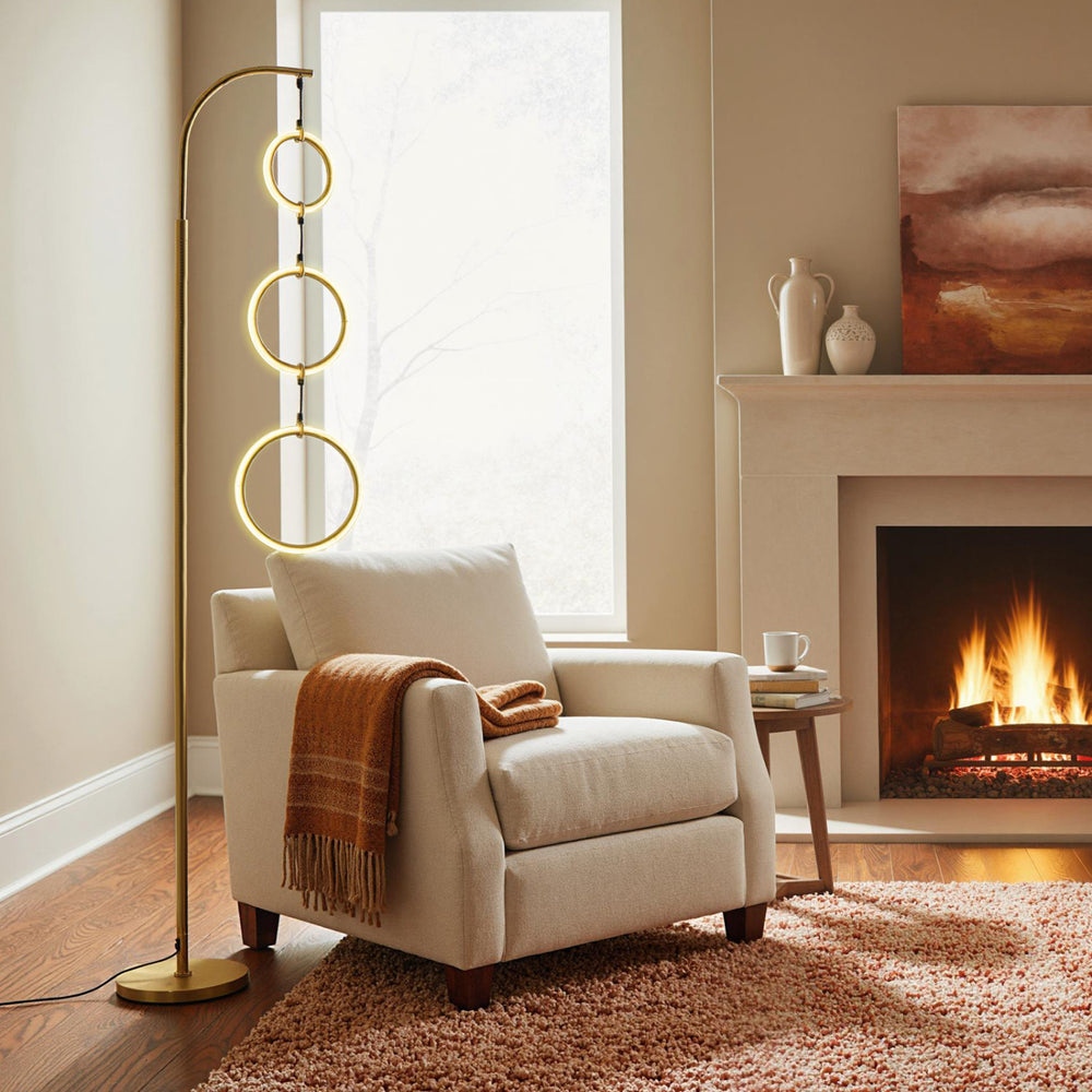 3-Circle dimmable LED floor lamp with golden finish, featuring adjustable brightness and three color temperatures for.