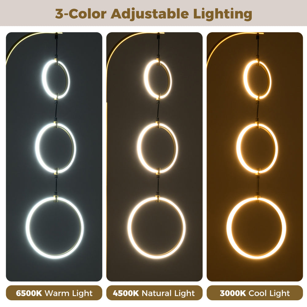 Three-circle dimmable LED floor lamp with adjustable brightness and three color temperatures for stylish home.