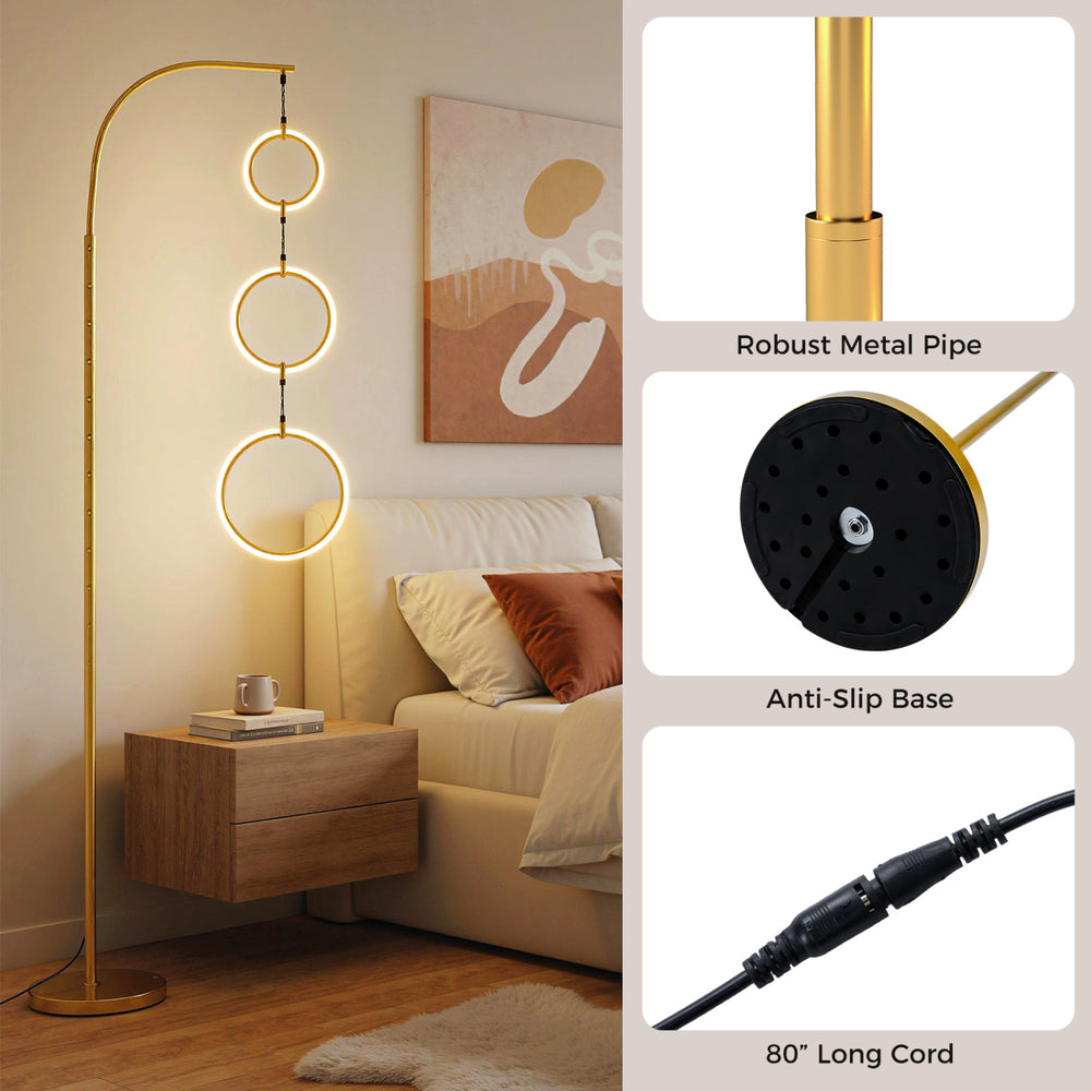 Dimmable 3-circle LED floor lamp in gold with adjustable brightness and three color temperatures for stylish home.