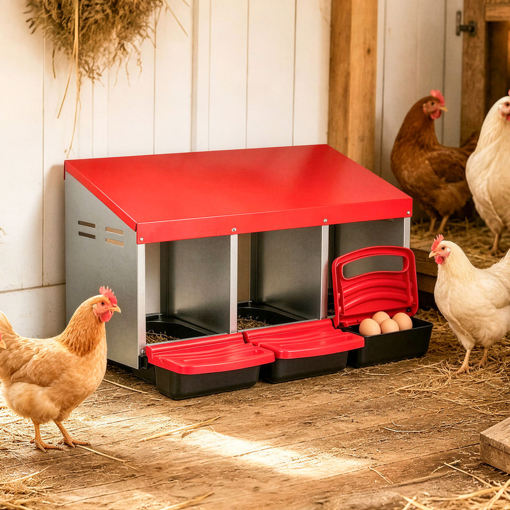 3-Compartment Roll Away Chicken Nesting Box for Egg Collection with Removable Trays and Landing Steps-Red - Gallery View 1 of 10