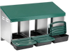 3-compartment roll away chicken nesting box in green with removable trays, designed for easy egg collection and maintenance.