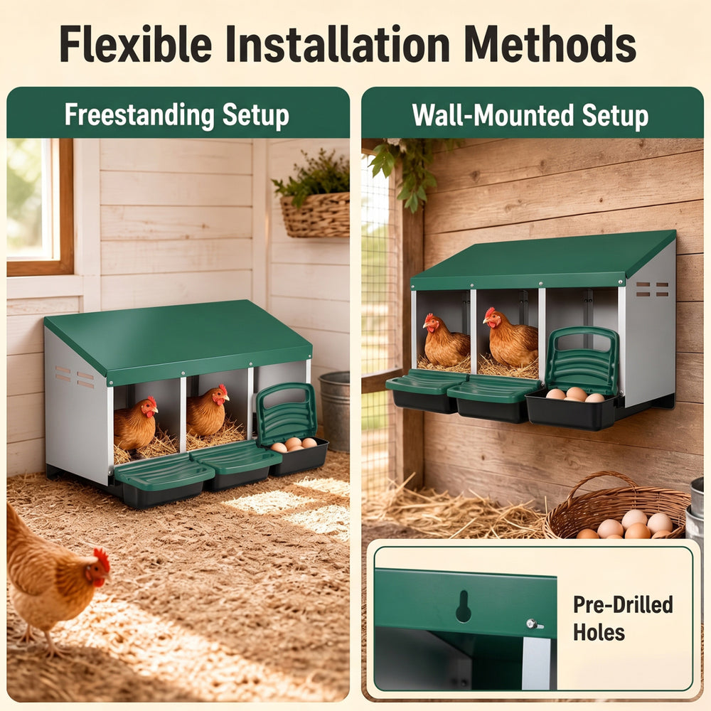 3-compartment roll away chicken nesting box in green with removable trays, suitable for freestanding or wall-mounted setups.