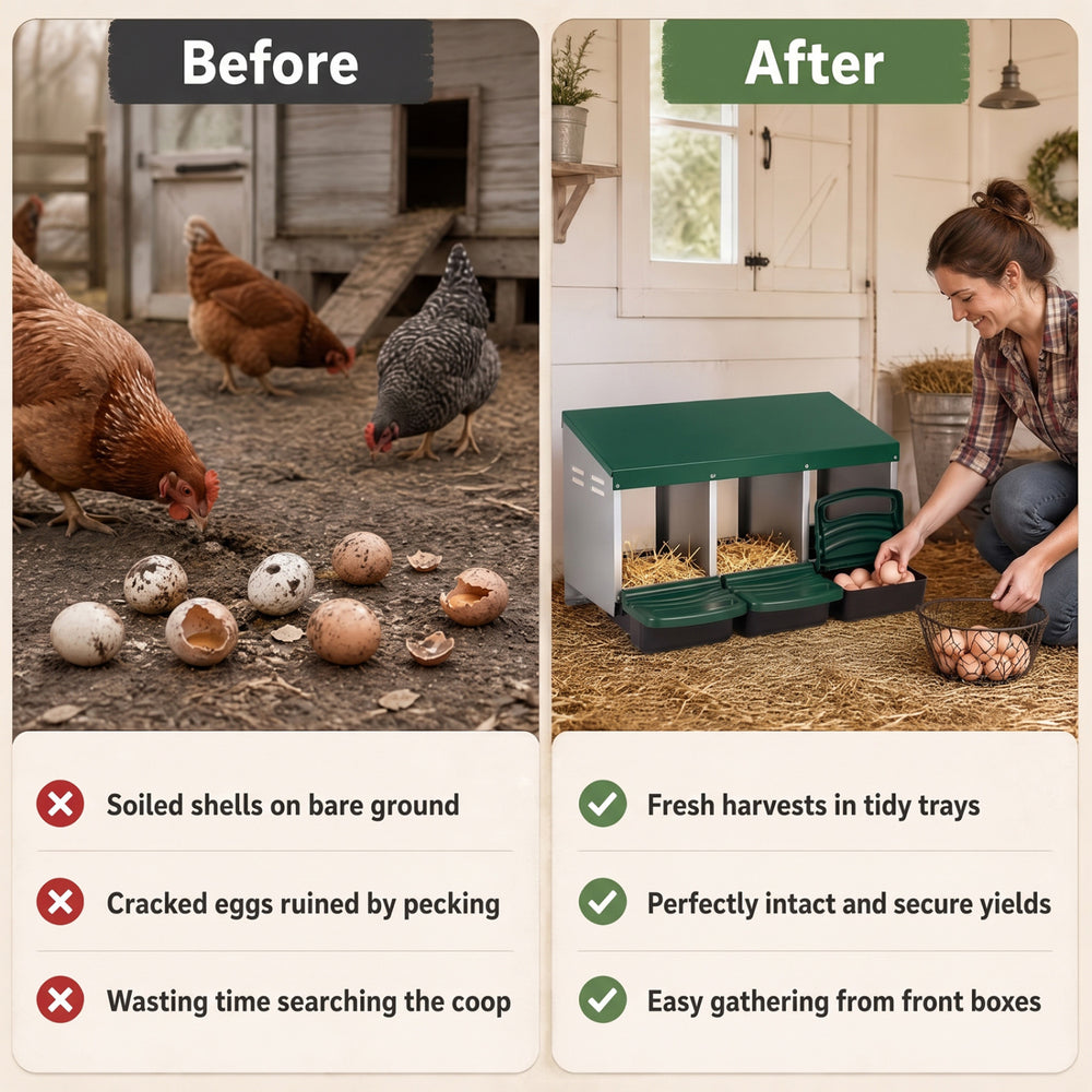 3-compartment roll away chicken nesting box in green with removable trays for easy egg collection and maintenance.