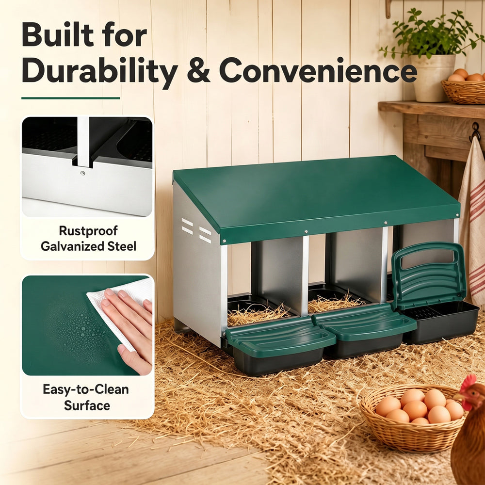 3-compartment roll away chicken nesting box in green features removable trays, rustproof galvanized steel, and easy-to-clean surface.