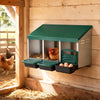 Three-compartment roll away chicken nesting box in green with removable trays and landing steps for easy egg collection.