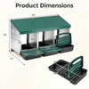 Dimensions of the 3-compartment roll away chicken nesting box in green, featuring removable trays and sloped bottom design.