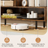 3 cubby TV stand in rustic brown with open storage compartments and raised metal legs for stability, suitable for TVs.