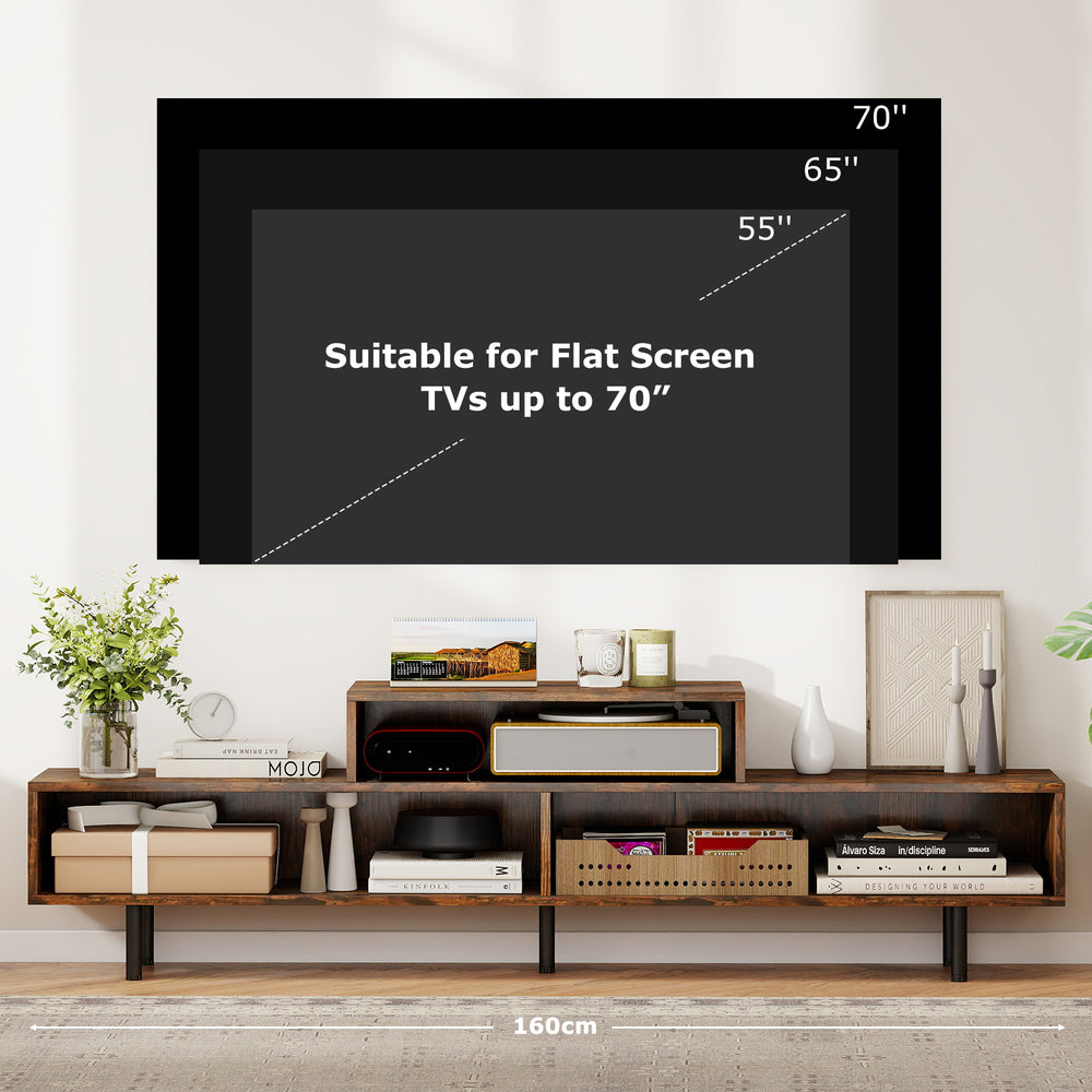 3 Cubby TV stand in rustic brown for TVs up to 70 inches, featuring open storage compartments and sturdy metal legs.