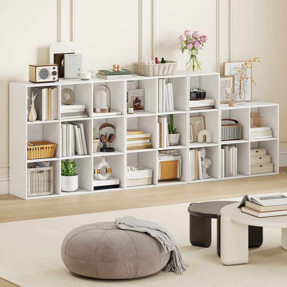 Modern 3-cube bookshelf in white, perfect for organizing books and decor in living rooms or studies.