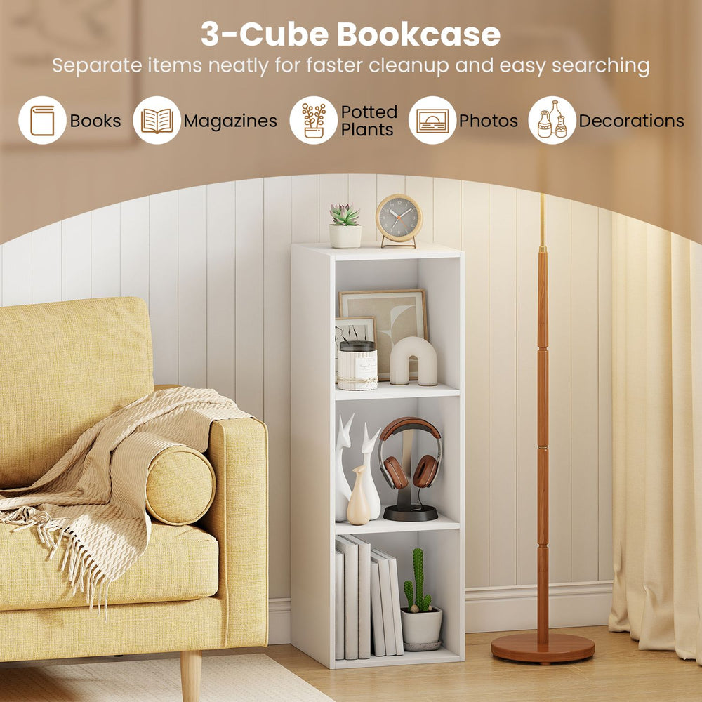 Modern 3-cube bookcase in white for storing books, magazines, and potted plants, perfect for living rooms or studies.