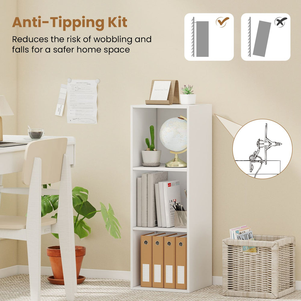 3-cube wooden bookshelf in white with anti-tipping kit for enhanced stability, perfect for organizing books and decor.