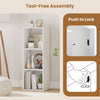 Three-cube wooden bookshelf in white with tool-free assembly, perfect for organizing books and decor in any room.
