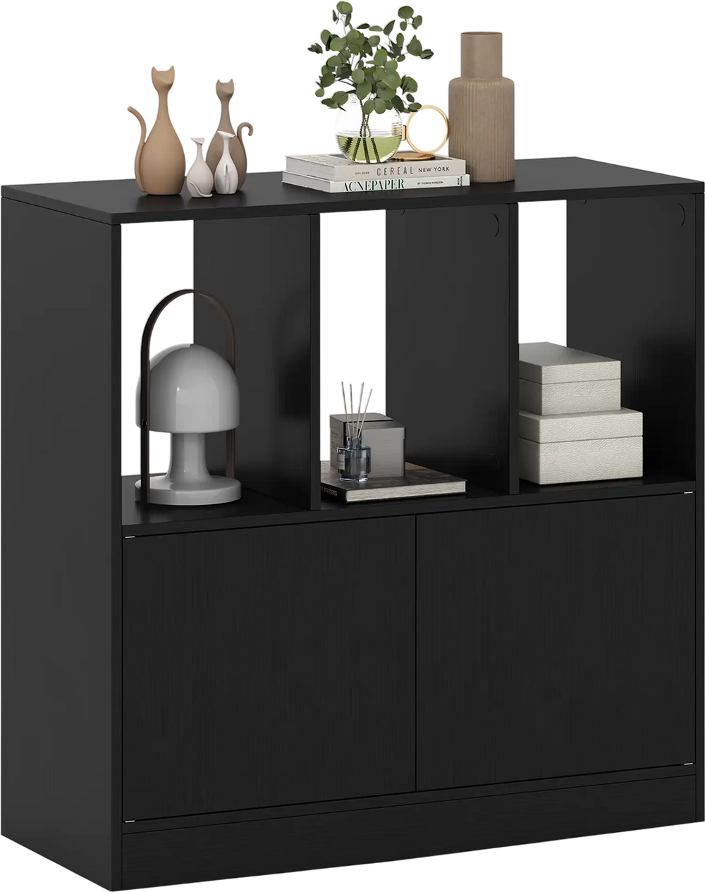 3-tier black bookcase with open compartments and 2-door cabinet, ideal for organized storage in living room or office.