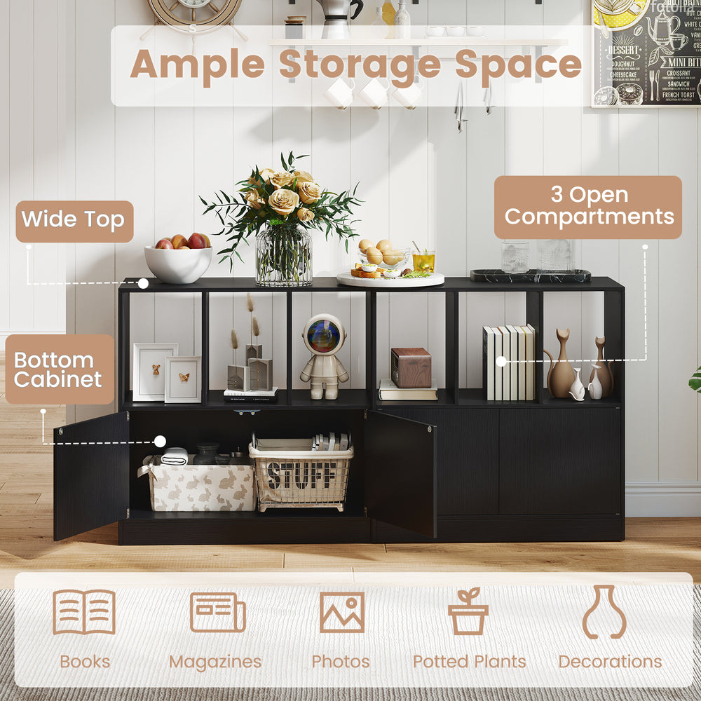 3-cube bookcase in black with open compartments and 2-door cabinet for organized storage in living room or office.