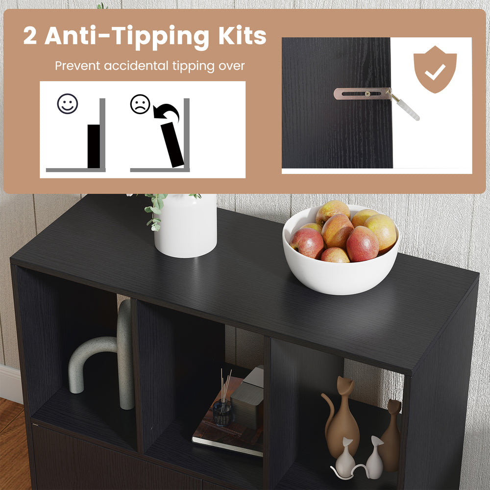 3-cube bookcase with doors in black featuring anti-tipping kits for enhanced stability and safety in any room.