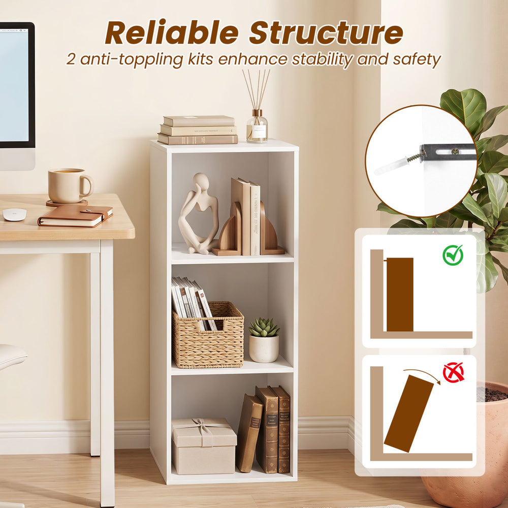 3-cube bookcase in white with anti-tipping kits, providing stable storage for home office or living room organization.