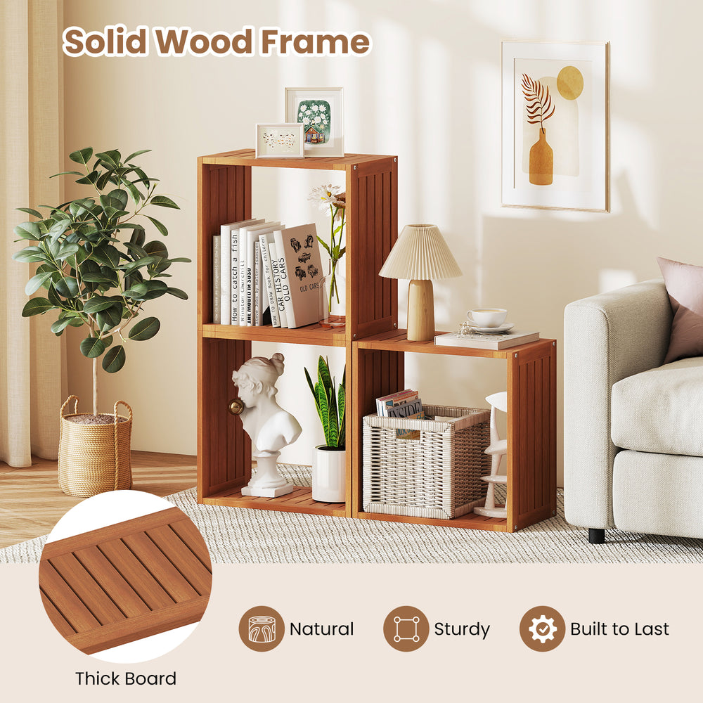 Three cube bookcases made of solid wood with an open slatted design, ideal for indoor or outdoor storage and display.