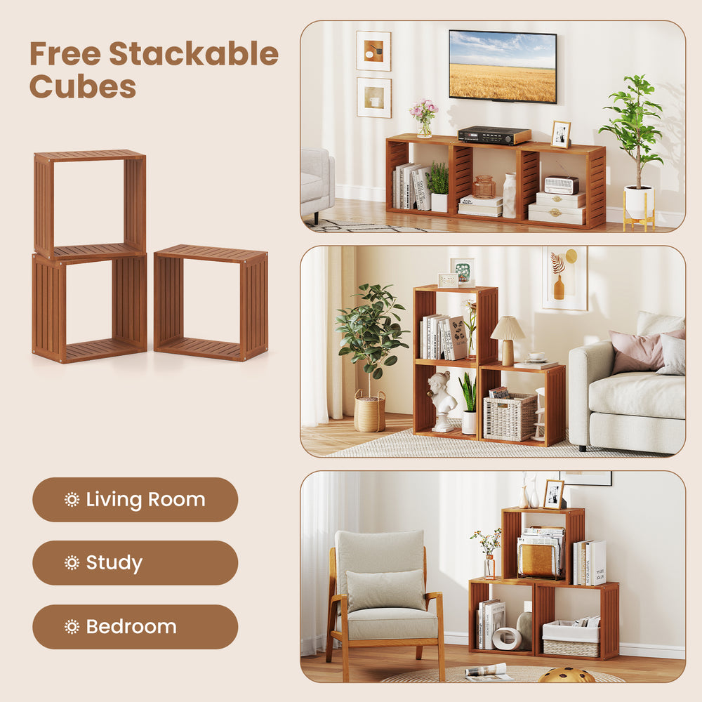 Three stackable solid wood cubes in a slatted design, ideal for storage or display in living rooms, studies, or.