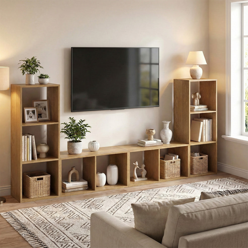 3 Cube Bookshelf with Back Guardrail for Living Room Bedroom-Natrual - Gallery View 1 of 10