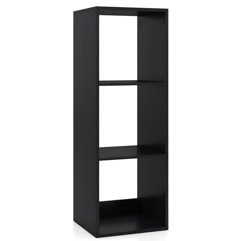 Black 3-cube bookshelf with back guardrail, featuring ample storage space and a stylish wood grain finish for living.