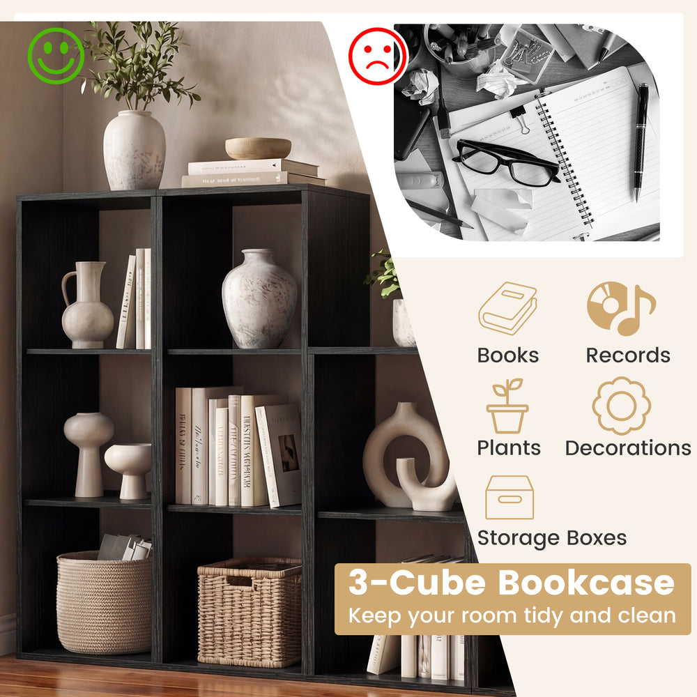 3-cube black bookshelf with back guardrail, ideal for books and storage, enhances room organization and stability.