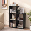 Black 3-cube bookshelf with back guardrail, featuring elegant wood grain, ideal for organizing books and decor in any.