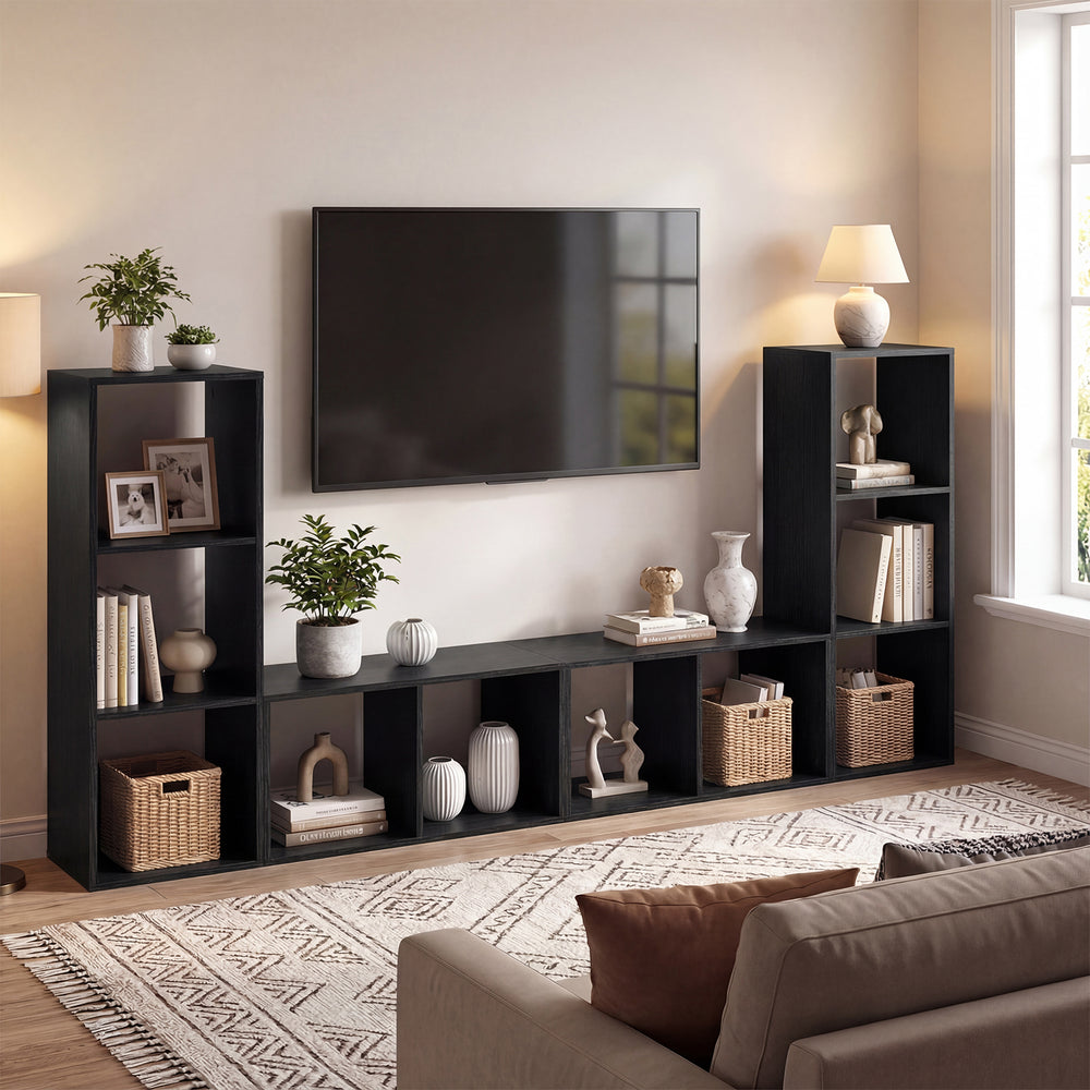 Black 3-cube bookshelf with back guardrail, featuring elegant wood grain, ideal for living room or bedroom storage.