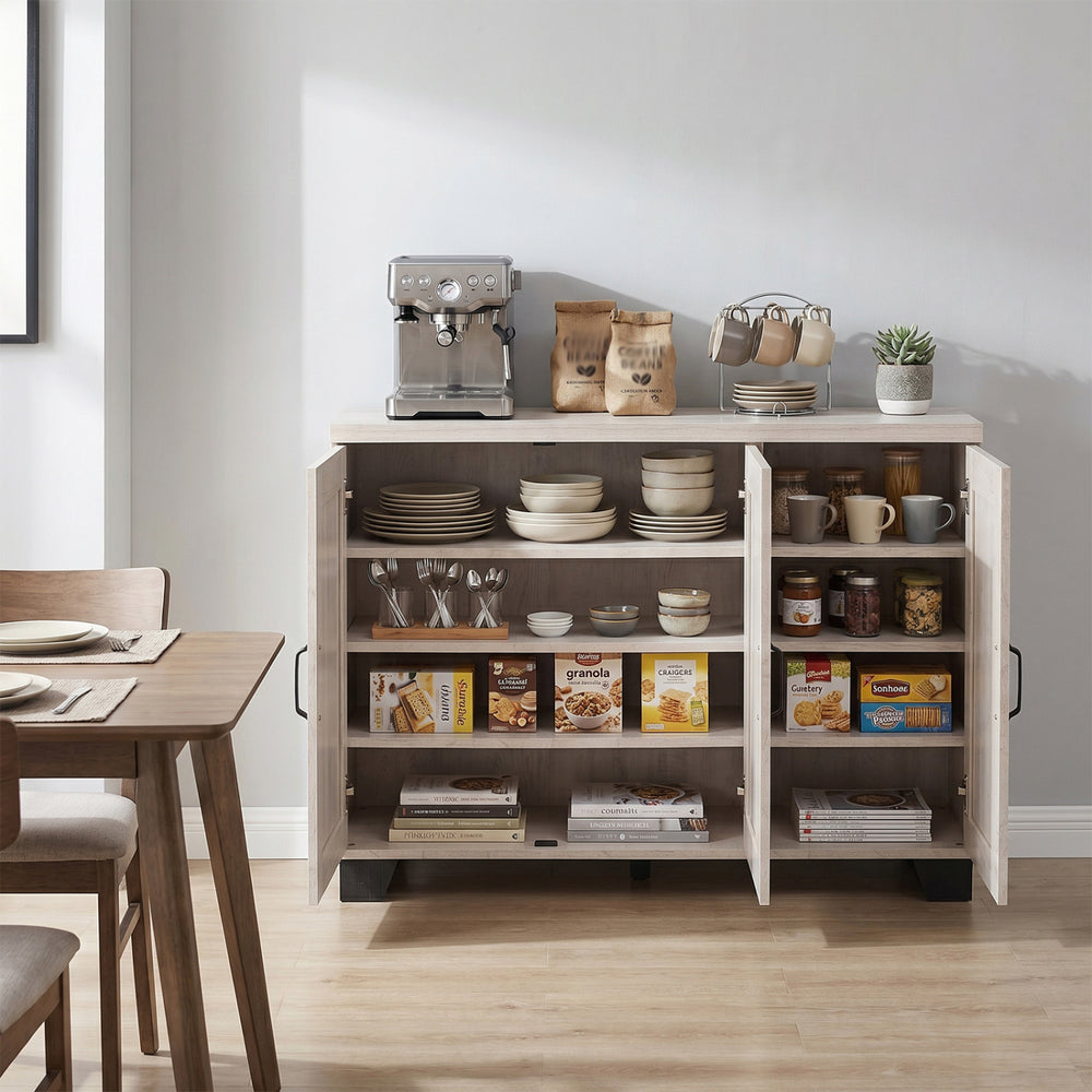 3-door buffet sideboard in white wash with adjustable shelves, ideal for storage in dining or media areas.