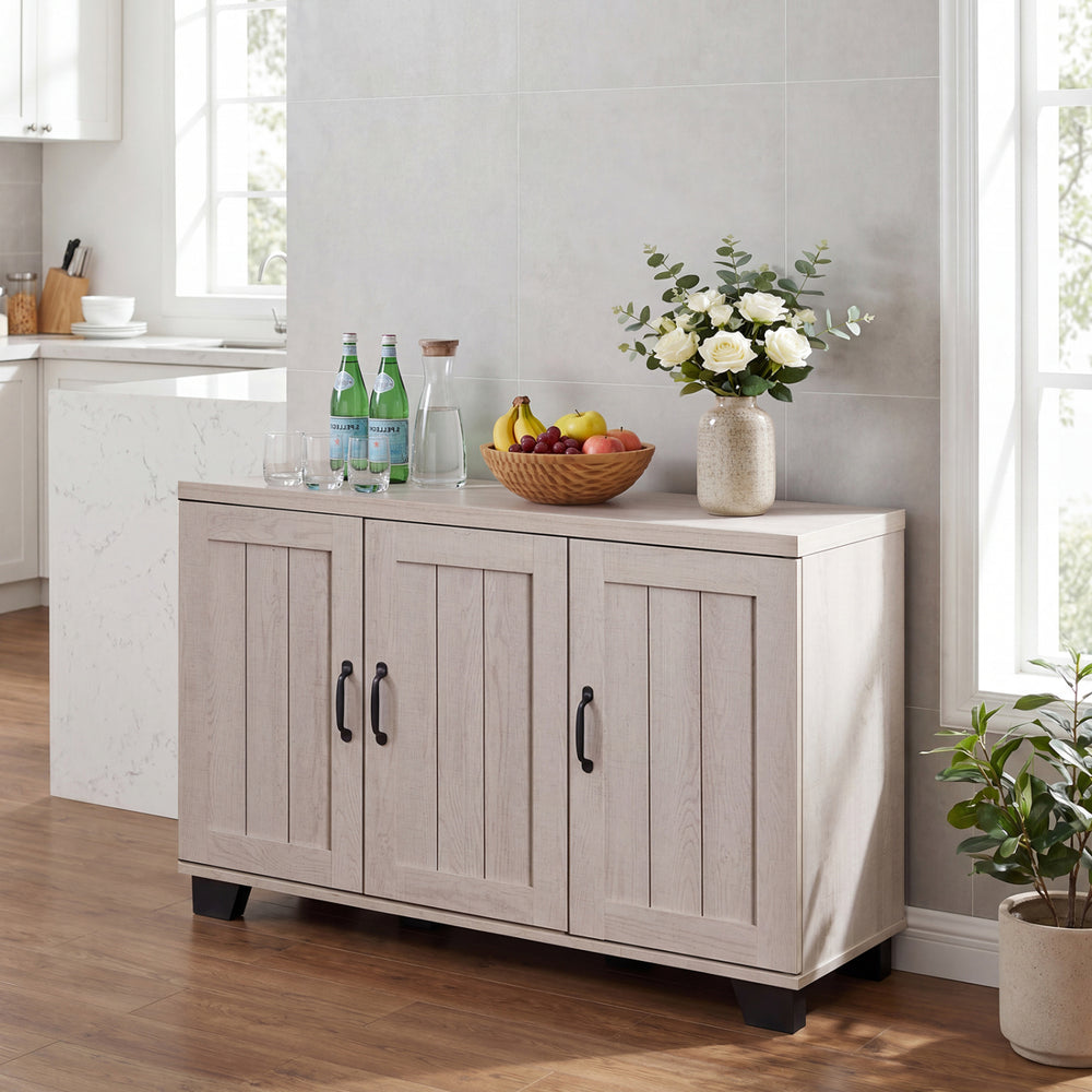 3-door buffet sideboard in white wash with adjustable shelves, ideal for storage in dining or living spaces.