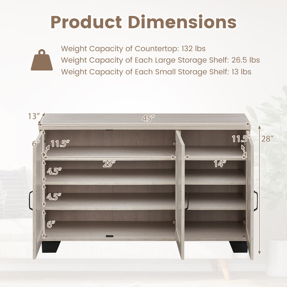 Dimensions of the 3-Door Buffet Sideboard with adjustable shelves, showcasing weight capacities and design features.
