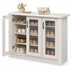 3-door shoe cabinet in white with removable shelves and fluted doors, ideal for organizing sneakers and slippers.