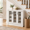 3-door white shoe cabinet with removable shelves and fluted doors, perfect for organizing sneakers and slippers.