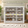 3-door white shoe cabinet with 6 removable shelves for customizable storage and fluted transparent doors for visibility.
