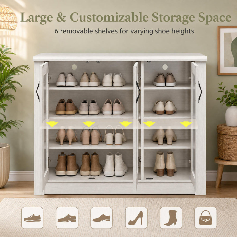 3-door white shoe cabinet with 6 removable shelves for customizable storage and fluted transparent doors for visibility.