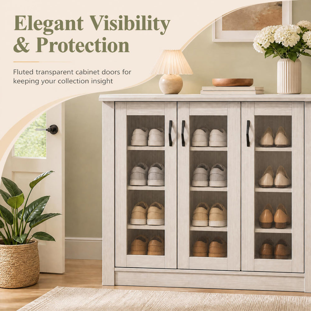 3-door white shoe cabinet with fluted transparent doors and removable shelves for stylish shoe storage and organization.