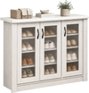3-door shoe cabinet in white with fluted transparent doors and removable shelves for customizable shoe storage.
