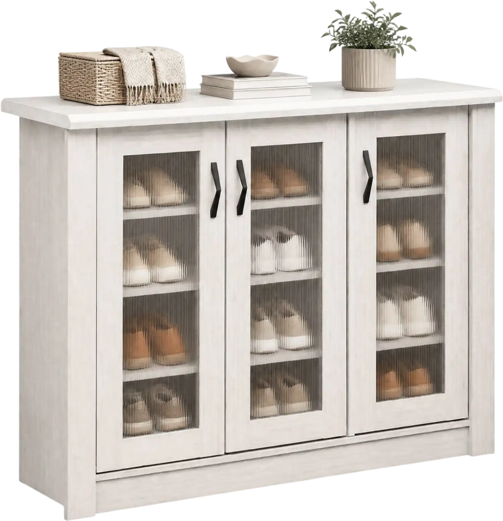 3-door shoe cabinet in white with fluted transparent doors and removable shelves for customizable shoe storage.