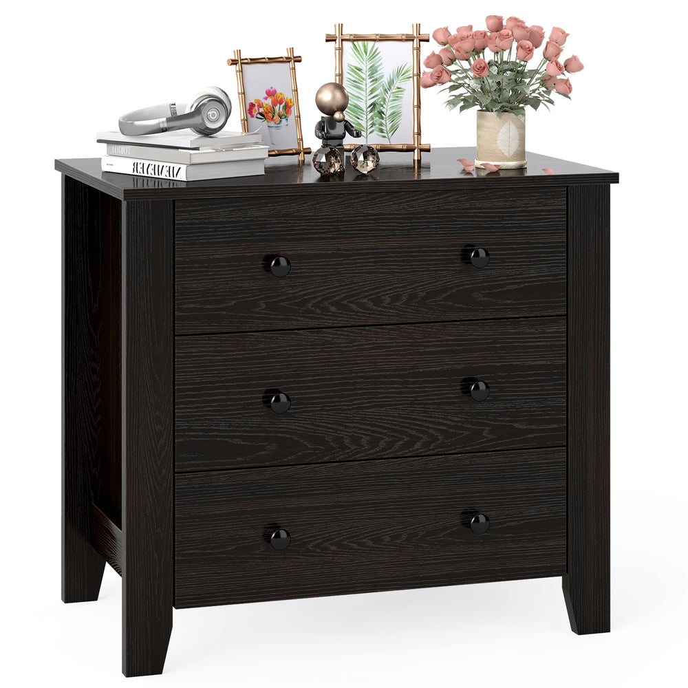 Wide dark brown 3-drawer dresser with smooth metal slides, perfect for organized storage in any room.