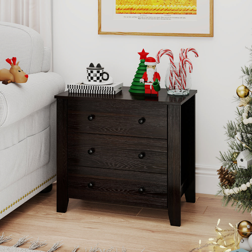 Dark brown 3-drawer dresser nightstand with ample storage, placed beside a sofa, ideal for organizing accessories and.