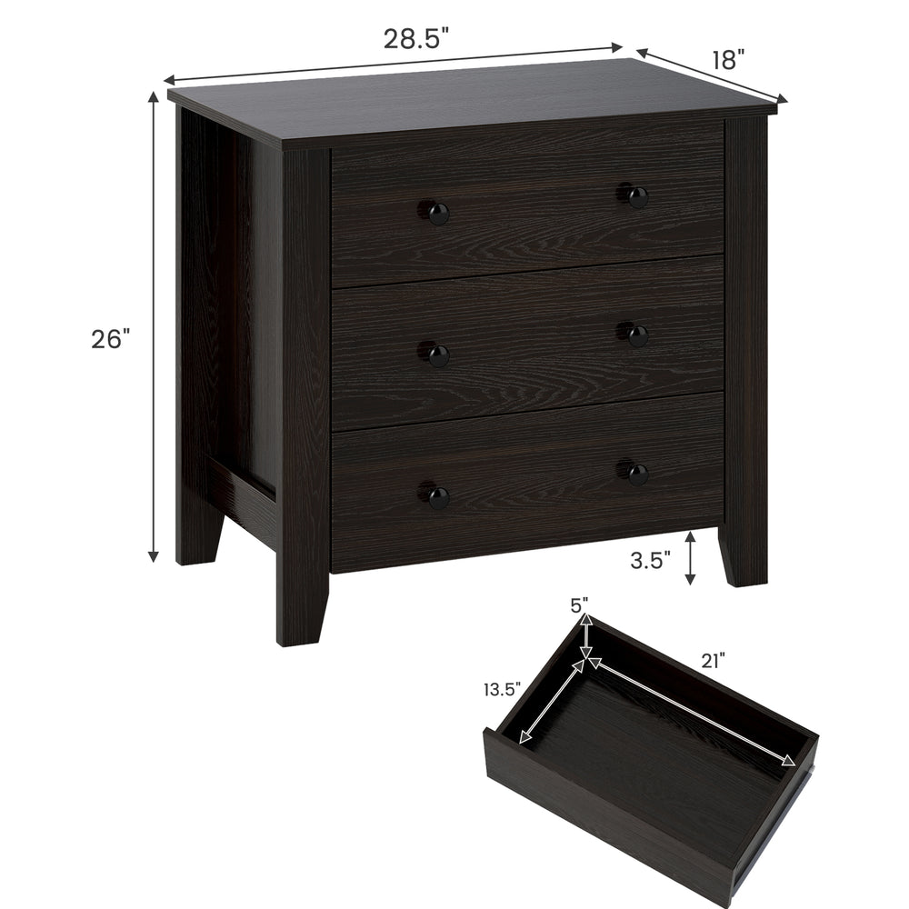 Wide 3-drawer dresser in dark brown with smooth metal slides, ideal for organized storage in modern bedrooms.