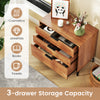 3-drawer dresser in cherry wood finish with metal handles, ideal for storing towels, books, and accessories in any room.