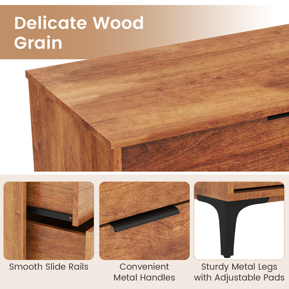 Close-up of the 3 drawer dresser with cherry wood grain finish, featuring smooth metal slides and sturdy adjustable.