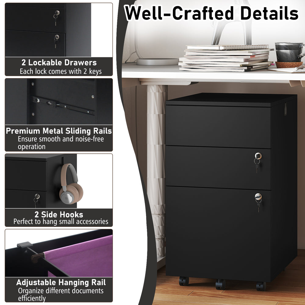 Black 3 drawer locking filing cabinet with durable steel construction, mobile design, and secure storage for documents.