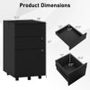 3-drawer black filing cabinet with lock, dimensions shown, featuring durable steel construction and rolling casters for.